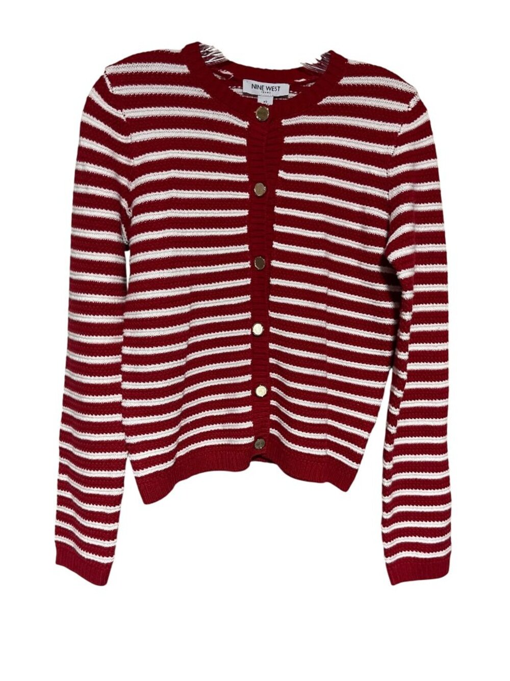Nine West Womens Striped Button Up Cardigan Sweater XS Red/White Casual Knit